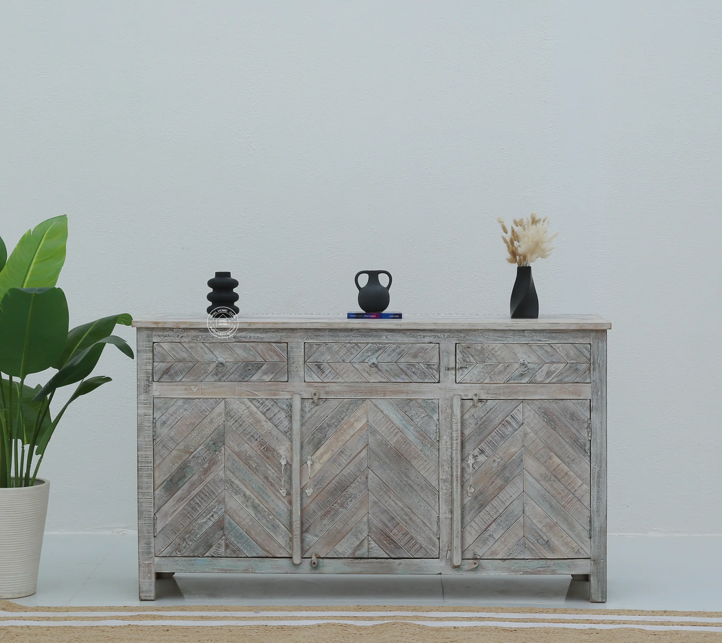 Herrin Old Wood Sideboard – 3 Doors, 3 Drawers, Solid Wood, Rustic White Finish | Opelhome UAE