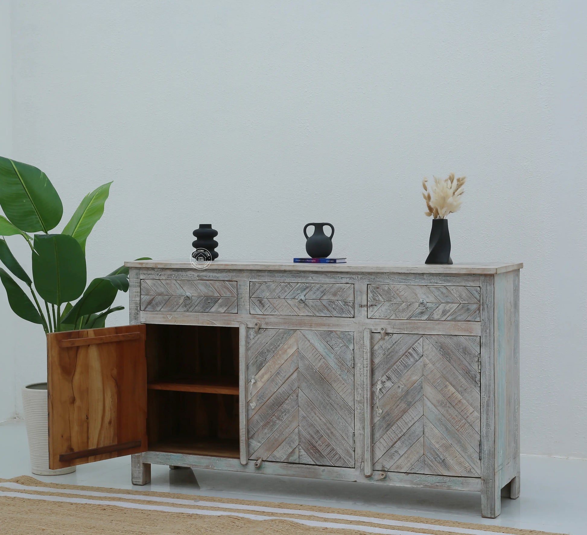 Herrin Old Wood Sideboard – 3 Doors, 3 Drawers, Solid Wood, Rustic White Finish | Opelhome UAE Opel Home
