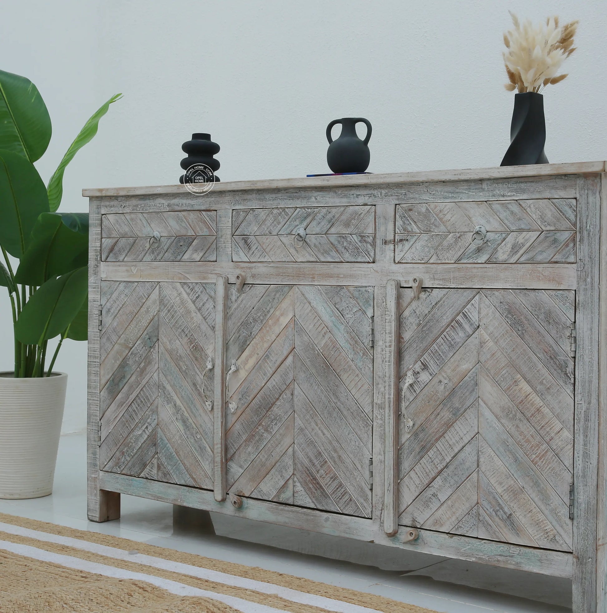 Herrin Old Wood Sideboard – 3 Doors, 3 Drawers, Solid Wood, Rustic White Finish | Opelhome UAE Opel Home