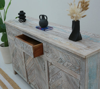 Herrin Old Wood Sideboard – 3 Doors, 3 Drawers, Solid Wood, Rustic White Finish | Opelhome UAE Opel Home