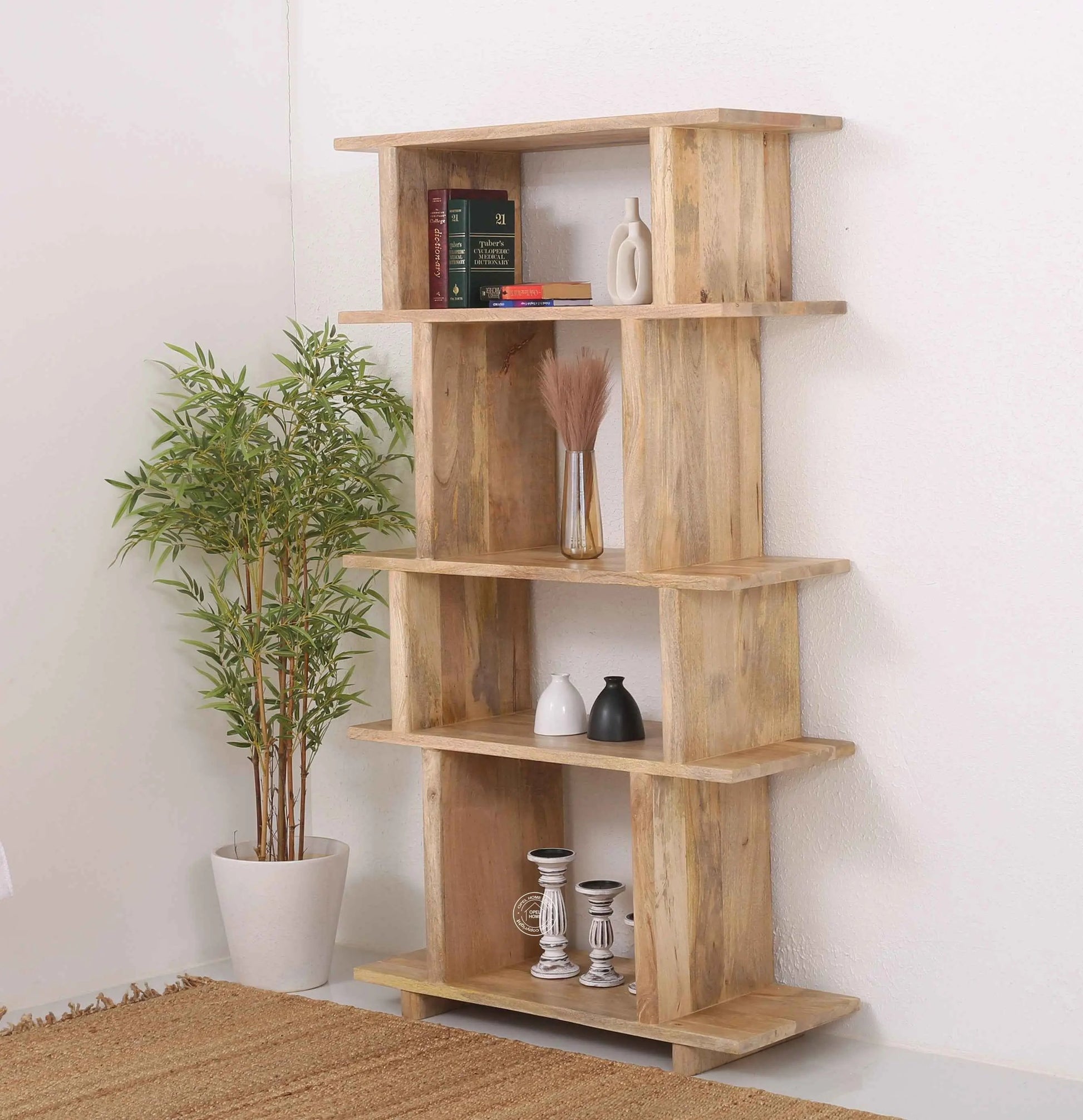 Holz Wooden Bookcase – Solid Mango Wood, Natural Finish, Tall Shelving | Opelhome UAE
