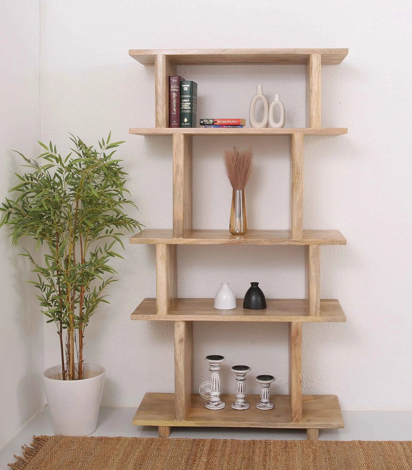Holz Wooden Bookcase – Solid Mango Wood, Natural Finish, Tall Shelving | Opelhome UAE