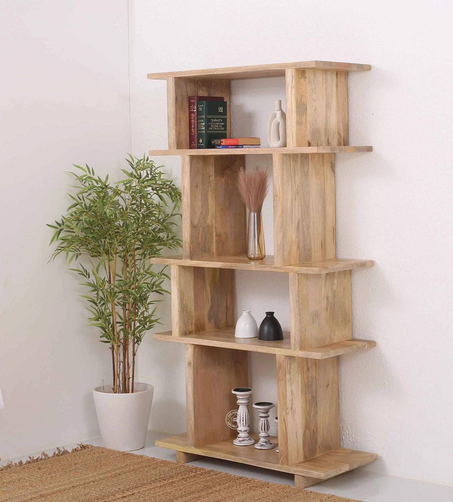 Holz Wooden Bookcase – Solid Mango Wood, Natural Finish, Tall Shelving | Opelhome UAE