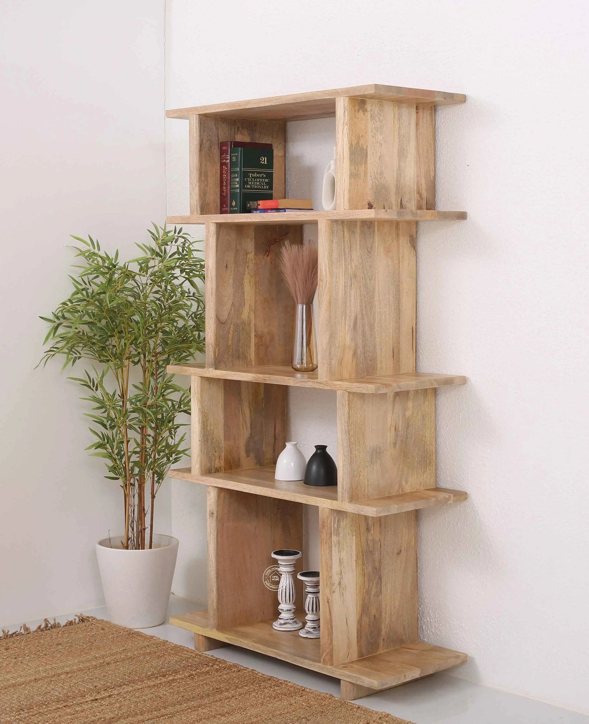 Holz Wooden Bookcase – Solid Mango Wood, Natural Finish, Tall Shelving | Opelhome UAE