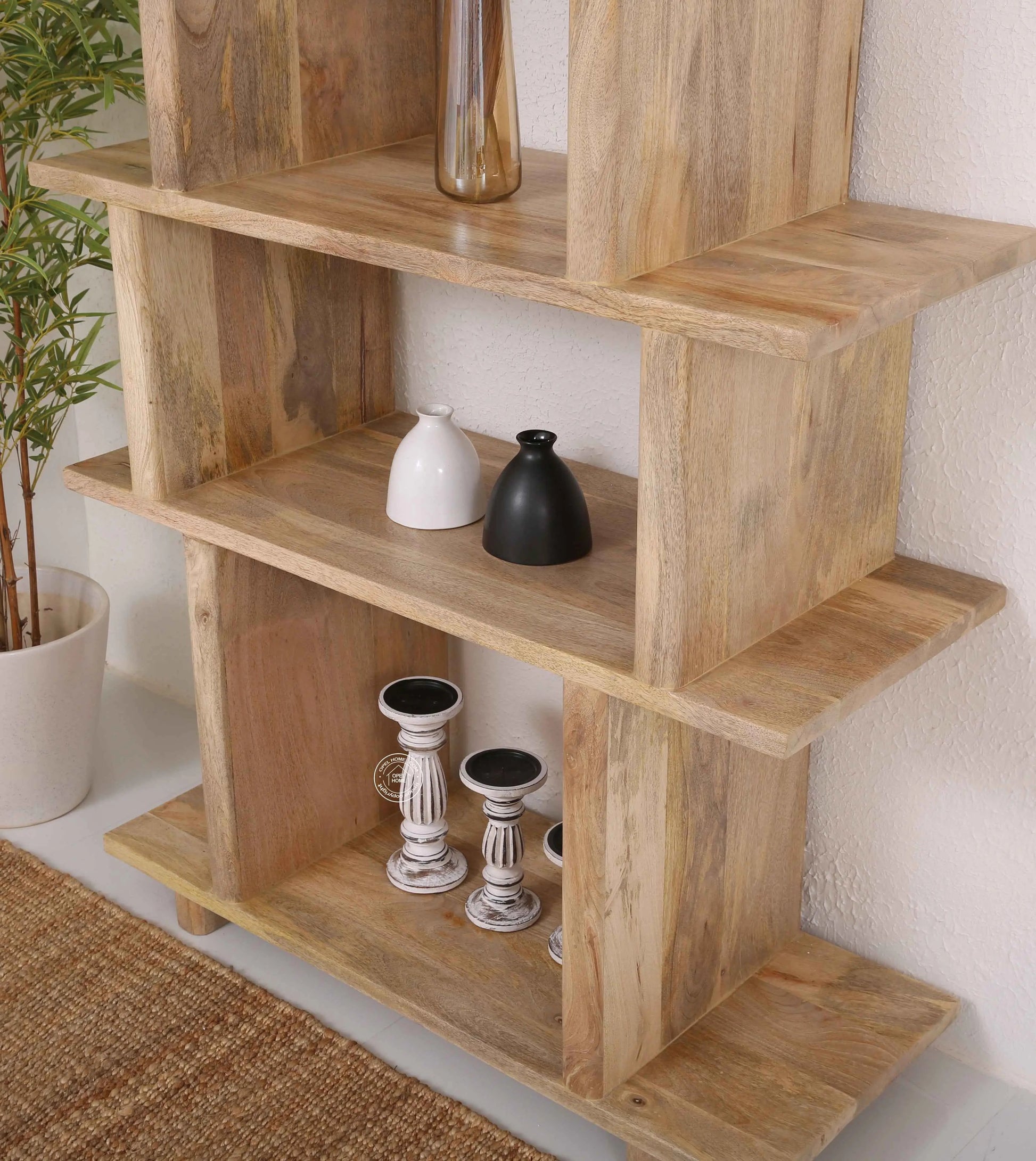 Holz Wooden Bookcase – Solid Mango Wood, Natural Finish, Tall Shelving | Opelhome UAE