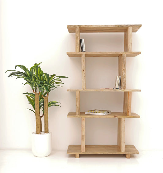 Holz Wooden Bookcase – Solid Mango Wood, Natural Finish, Tall Shelving | Opelhome UAE Opel Home