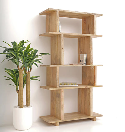 Holz Wooden Bookcase – Solid Mango Wood, Natural Finish, Tall Shelving | Opelhome UAE Opel Home