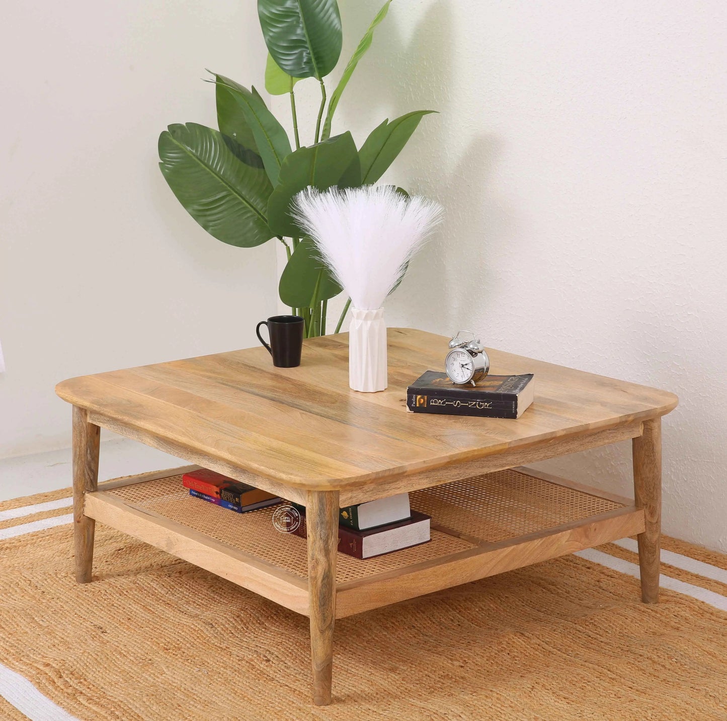 Hosston Rattan Coffee Table – Round, Solid Mango Wood, Natural Finish | Opelhome UAE