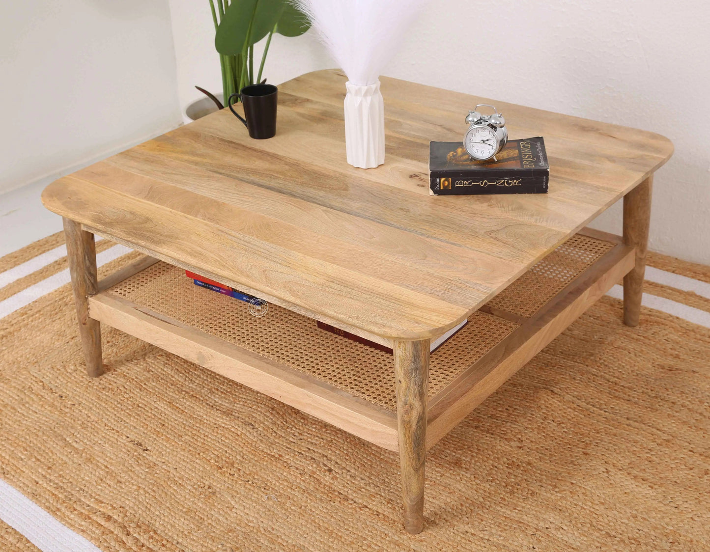 Hosston Rattan Coffee Table – Round, Solid Mango Wood, Natural Finish | Opelhome UAE