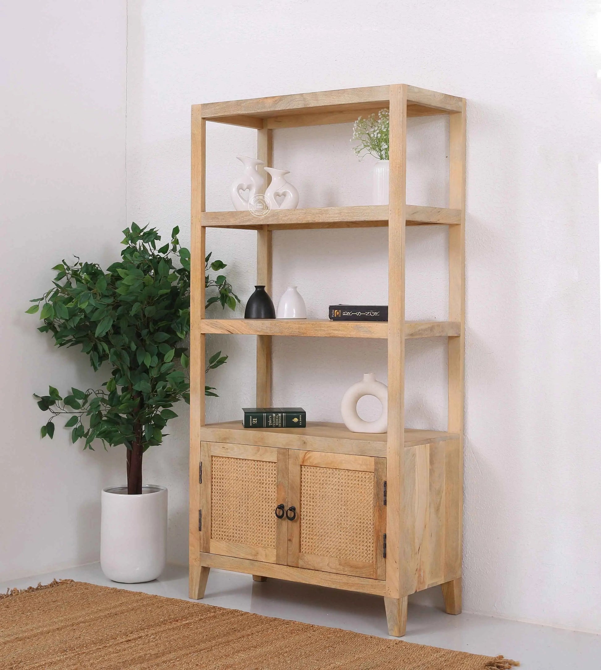 Huckins Rattan Bookshelves – Solid Wood, Natural Finish, Tall Storage | Opelhome UAE