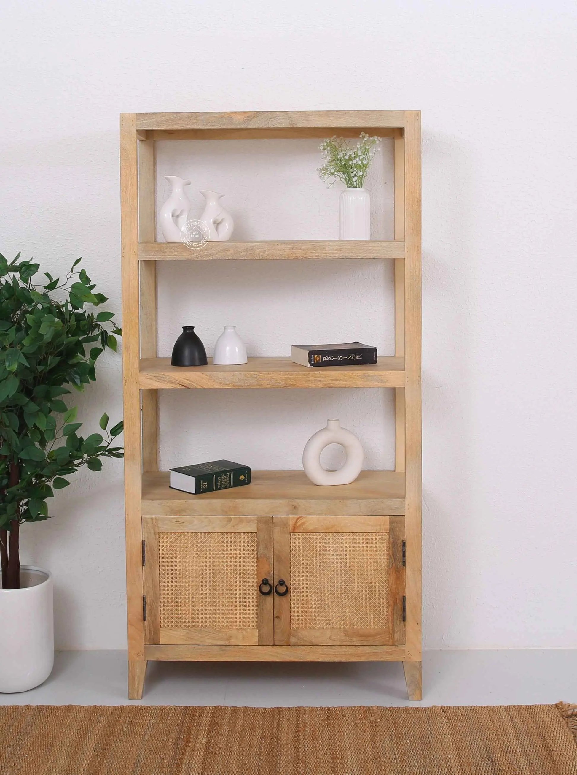 Huckins Rattan Bookshelves – Solid Wood, Natural Finish, Tall Storage | Opelhome UAE
