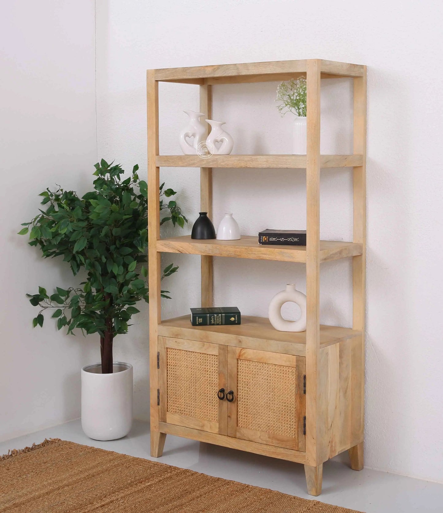 Huckins Rattan Bookshelves – Solid Wood, Natural Finish, Tall Storage | Opelhome UAE