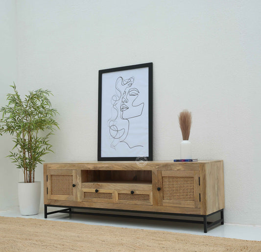 Hulton Rattan Doors & Drawers TV Unit – Solid Mango Wood, Natural Finish | Opelhome UAE