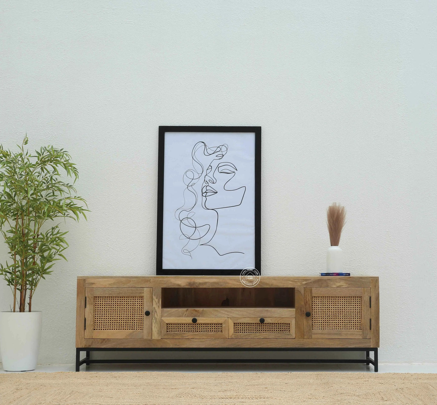 Hulton Rattan Doors & Drawers TV Unit – Solid Mango Wood, Natural Finish | Opelhome UAE