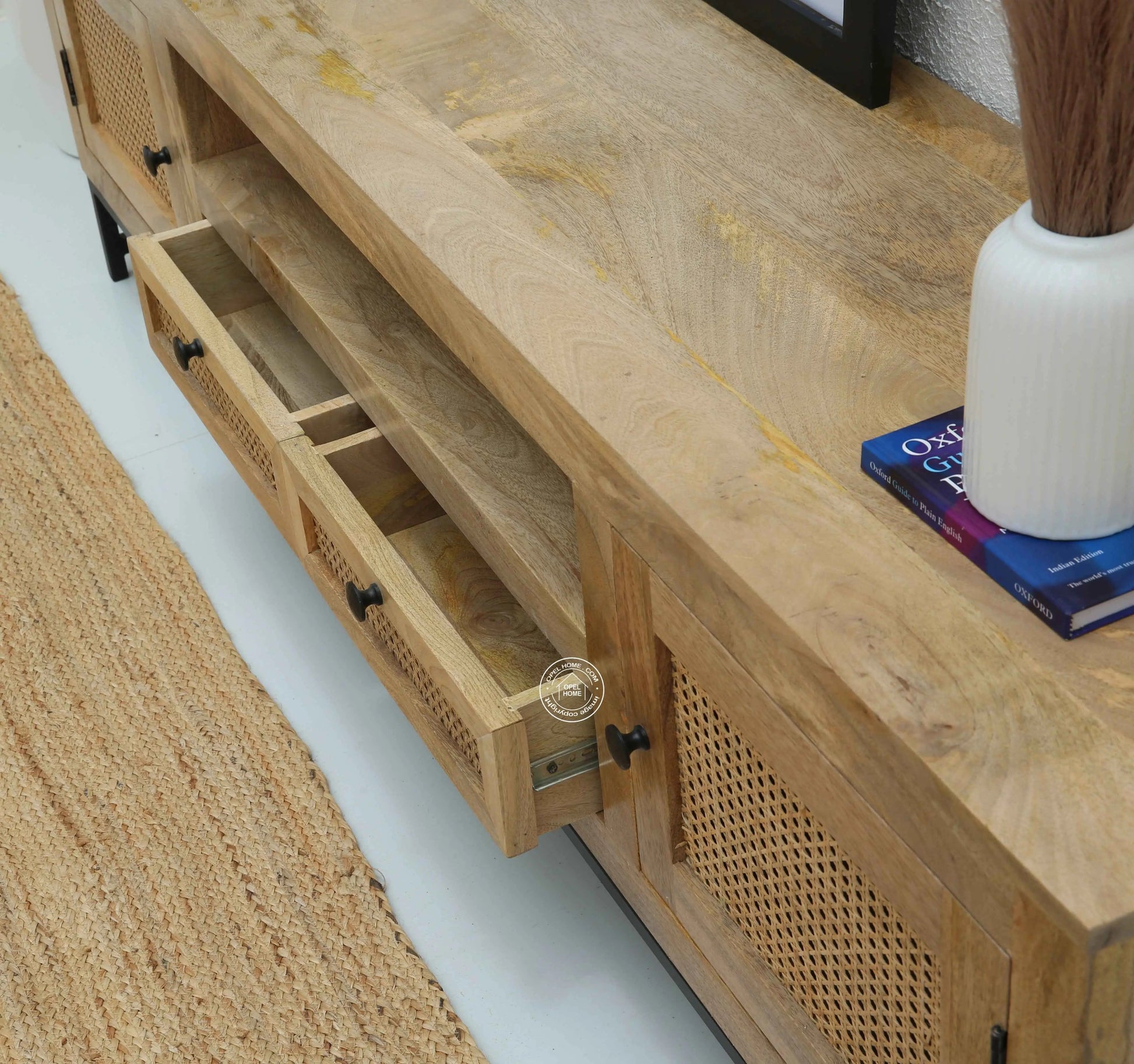 Hulton Rattan Doors & Drawers TV Unit – Solid Mango Wood, Natural Finish | Opelhome UAE