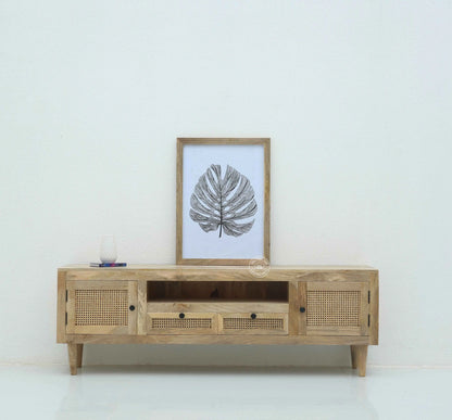 Hulton Rattan Doors & Drawers TV Unit – Solid Mango Wood, Natural Finish | Opelhome UAE