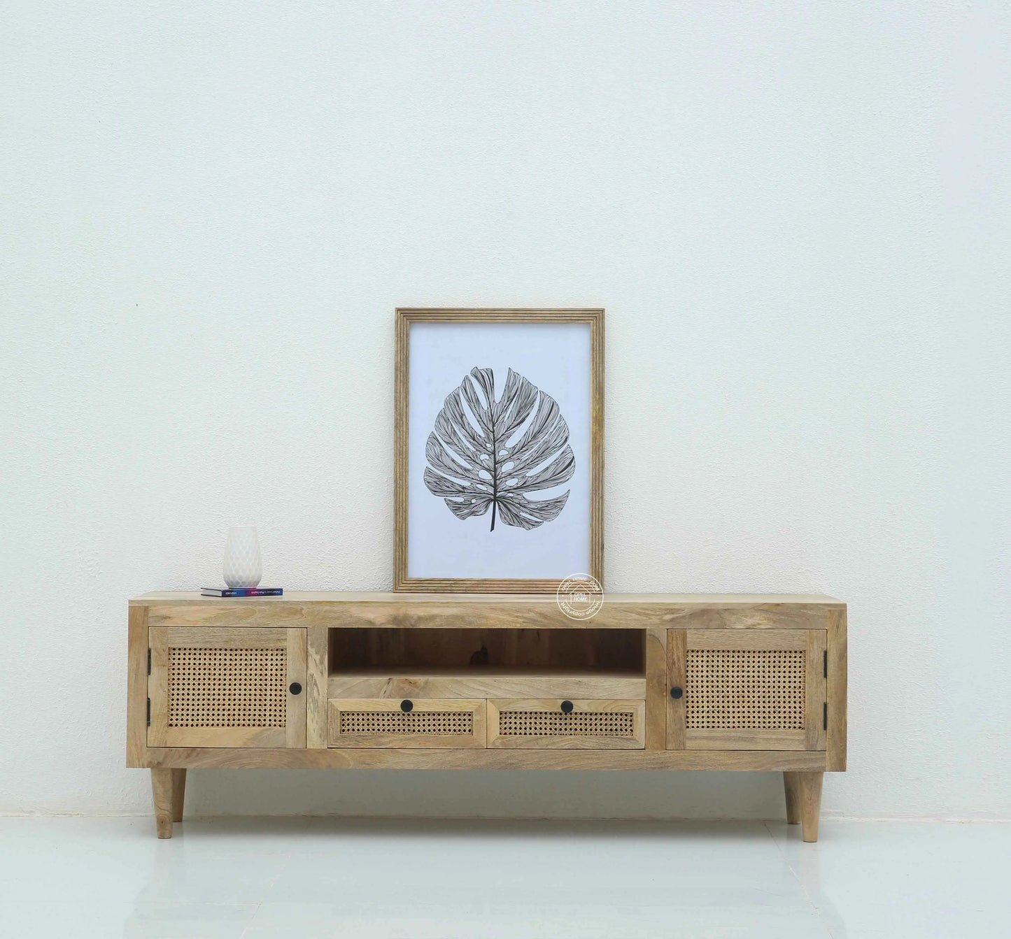 Hulton Rattan Doors & Drawers TV Unit – Solid Mango Wood, Natural Finish | Opelhome UAE