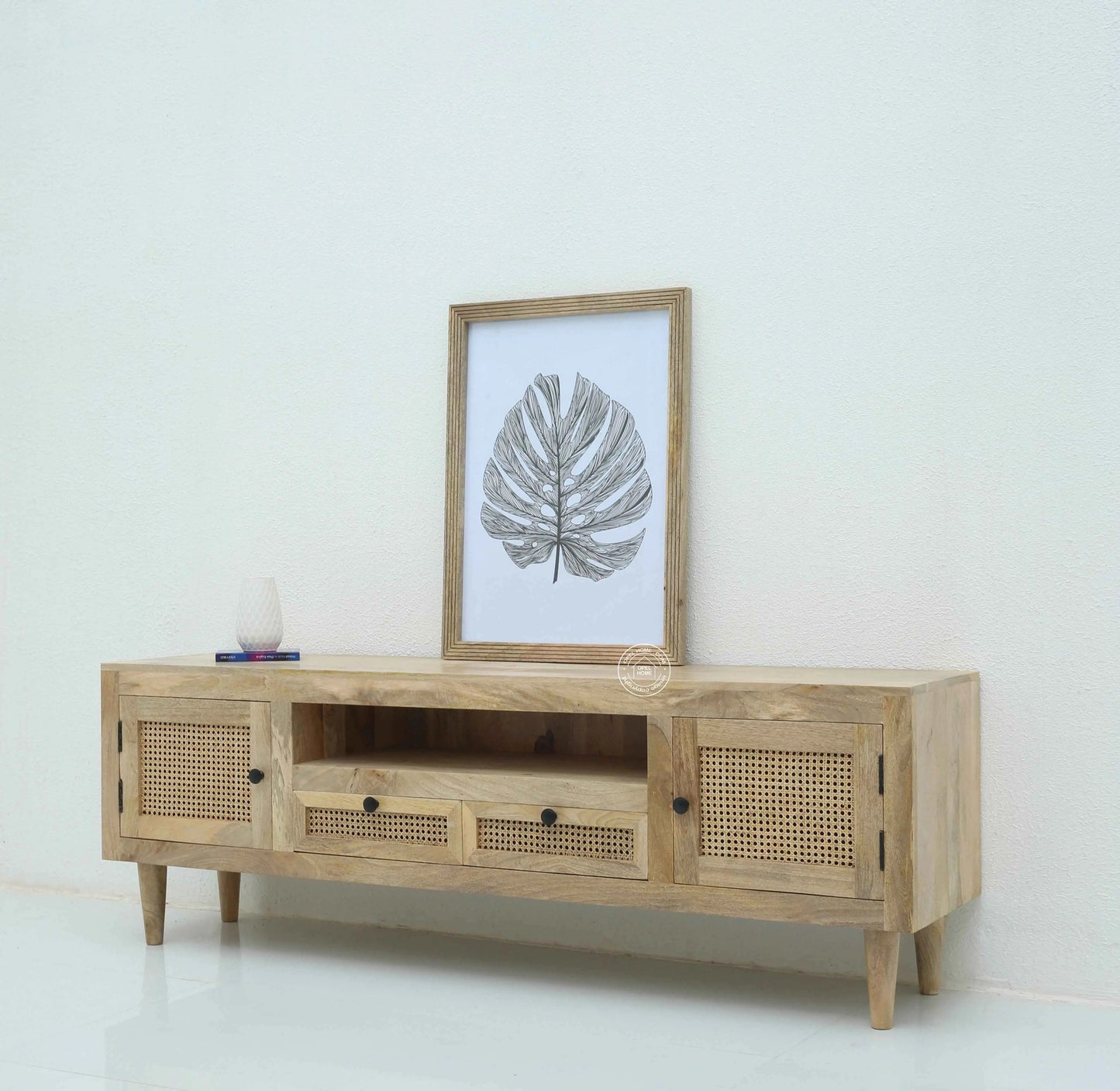Hulton Rattan Doors & Drawers TV Unit – Solid Mango Wood, Natural Finish | Opelhome UAE
