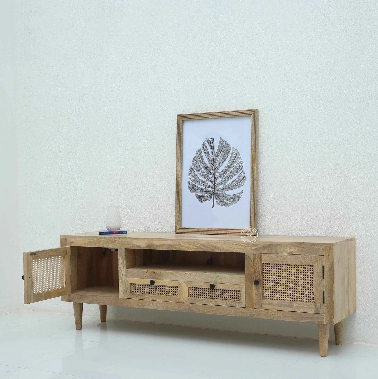 Hulton Rattan Doors & Drawers TV Unit – Solid Mango Wood, Natural Finish | Opelhome UAE