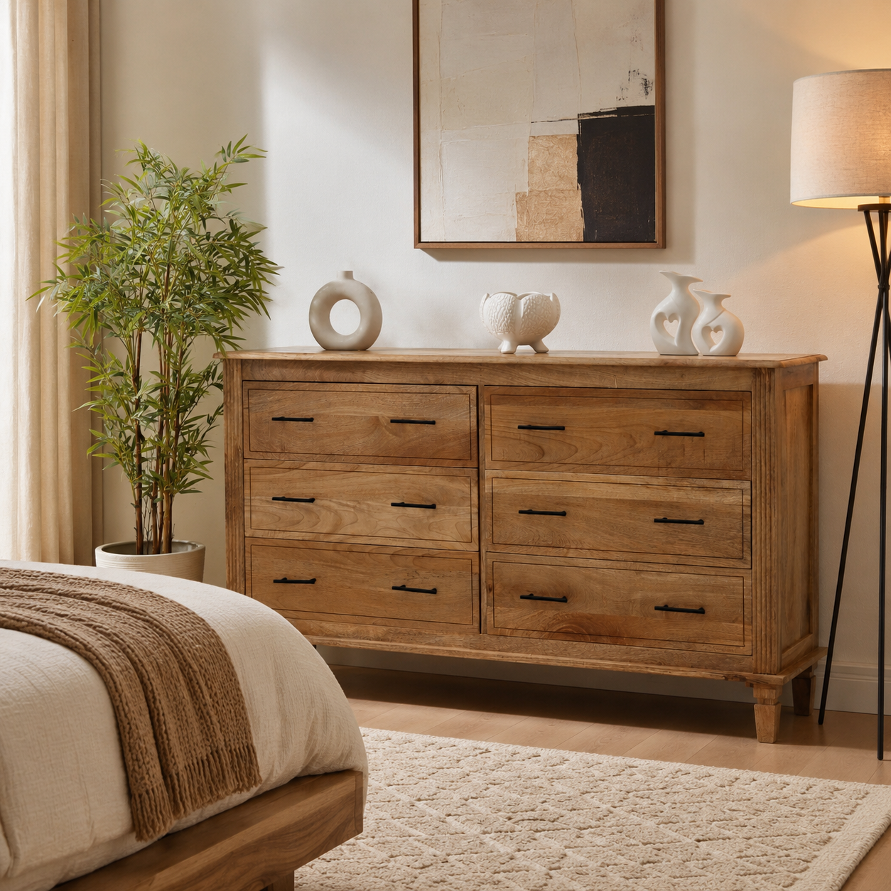 Miller Wooden Chest of Drawers – 6 Drawers, Solid Mango Wood, Natural Finish | Opelhome UAE