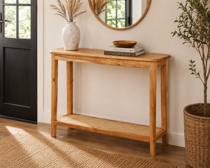 Accent Rattan Console Table – Solid Acacia Wood, Natural Finish| Opelhome UAE