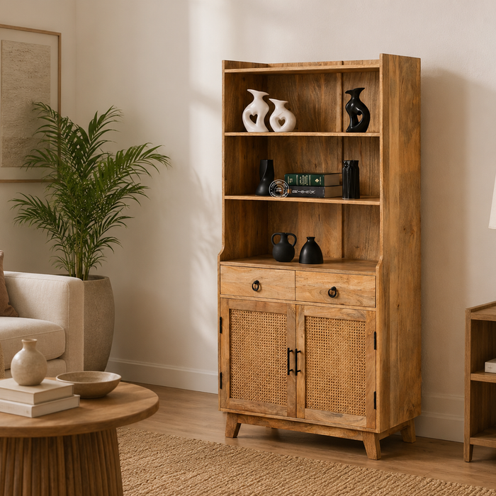 Abston Rattan Display Cabinet – Solid Wood, Natural Finish, Tall Storage | Opelhome UAE