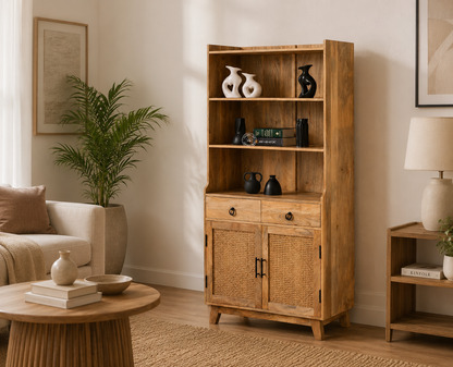 Abston Rattan Display Cabinet – Solid Wood, Natural Finish, Tall Storage | Opelhome UAE