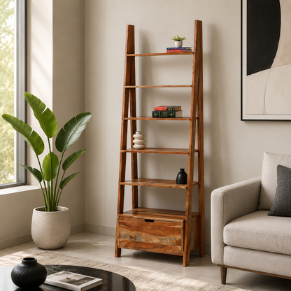 Alferd Ladder Acacia Wood Bookcase with Drawer | Opelhome UAE