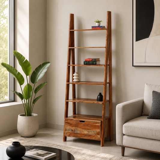 Alferd Ladder Acacia Wood Bookcase with Drawer | Opelhome UAE
