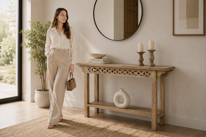 Axil Wooden Console Table – Solid Mango Wood, Natural Finish, Hallway | Opelhome UAE