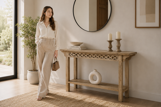 Axil Wooden Console Table – Solid Mango Wood, Natural Finish, Hallway | Opelhome UAE