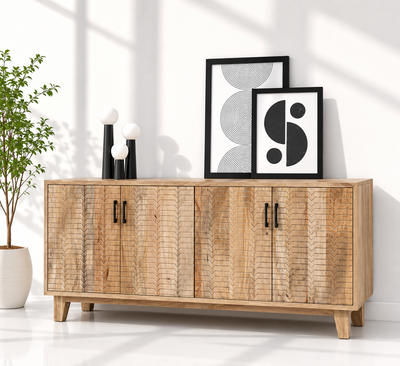 Croft Wooden Sideboard with 4 Doors – Solid Mango Wood, Natural Finish