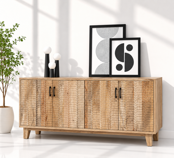 Croft Wooden Sideboard with 4 Doors – Solid Mango Wood, Natural Finish | Opelhome UAE