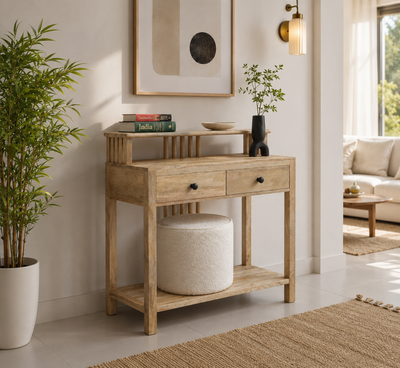 Darek Wooden Console Table – 2 Drawers, Solid Mango Wood, Natural Finish