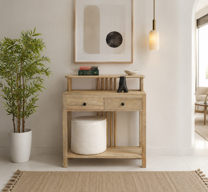 Darek Wooden Console Table – 2 Drawers, Solid Mango Wood, Natural Finish | Opelhome UAE