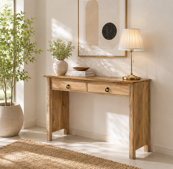 Charlie Solid Mango Wood Console Table 120cm – 2 Drawers, Natural Finish | Opelhome UAE