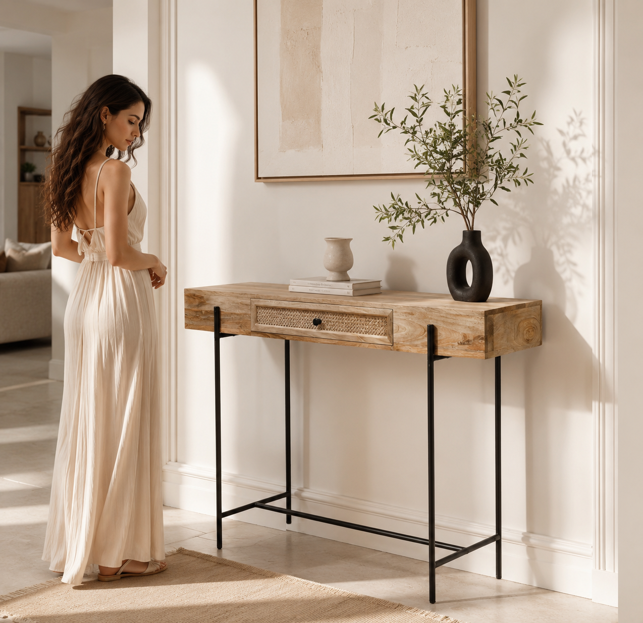 Eco Wooden Console Table – Solid Mango Wood & Iron, Natural Finish | Opelhome UAE