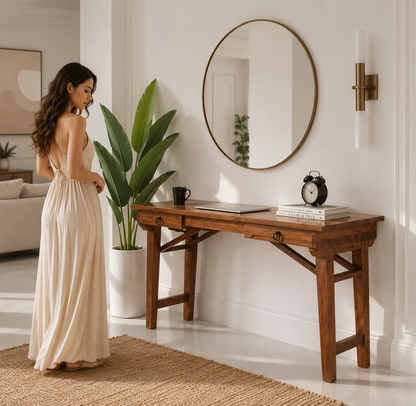 Brock Wooden Desk Console Table – Solid Teak Wood, Natural Finish | Opelhome UAE