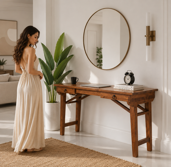 طاولة بروك الخشبية للمكتب - خشب الساج الصلب، لمسة نهائية طبيعية | أوبل هوم الإمارات العربية المتحدة