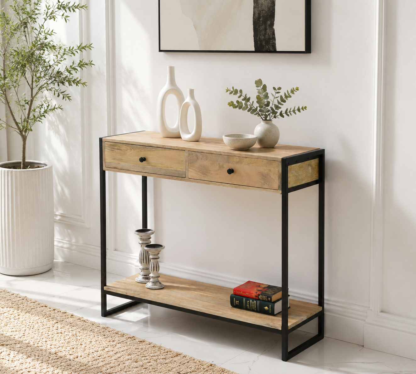 Orlina Industrial Desk Console – 2 Drawers, Solid Mango Wood & Iron, Natural Finish | Opelhome UAE