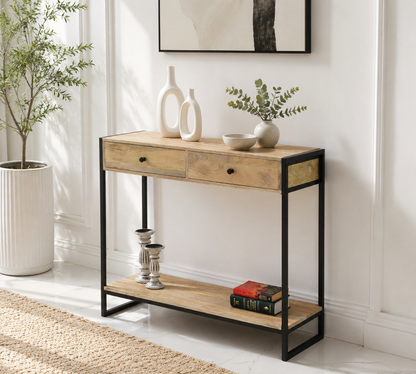 Orlina Industrial Desk Console – 2 Drawers, Solid Mango Wood & Iron, Natural Finish | Opelhome UAE