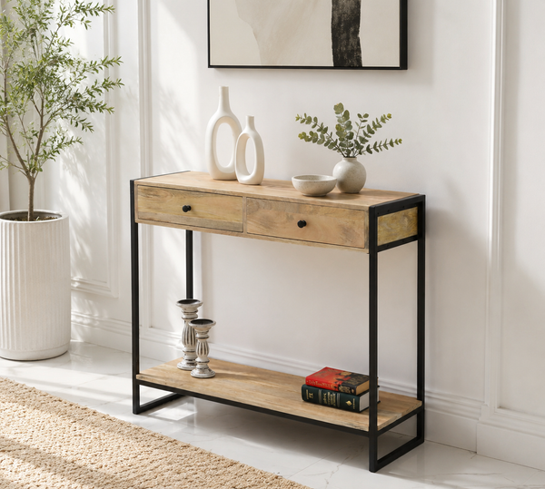 Orlina Industrial Desk Console – 2 Drawers, Solid Mango Wood & Iron, Natural Finish | Opelhome UAE