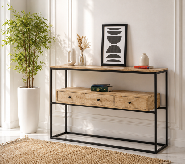 Semper Industrial Console Table – 3 Drawers, Solid Mango Wood & Iron, Natural Finish | Opelhome UAE
