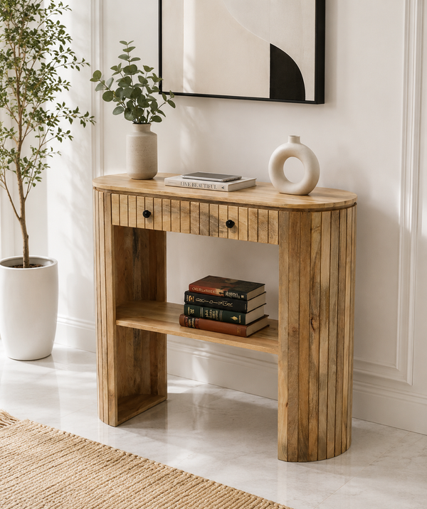Sienna Wooden Console Table – 2 Drawers, Solid Mango Wood, Natural Finish | Opelhome UAE