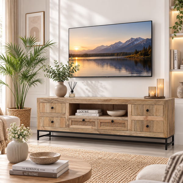 Elvano Wooden TV Unit – Solid Mango Wood, Natural Finish | Opelhome UAE