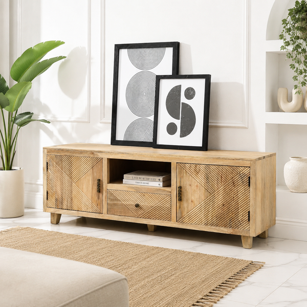 Harwick Wooden TV Unit – Solid Mango Wood, Natural Finish, Media Console | Opelhome UAE