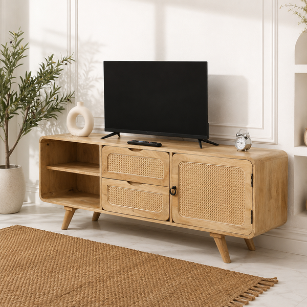 Jack Rattan Media Unit – 1 Door, 2 Drawers, Solid Mango Wood, Natural Finish | Opelhome UAE