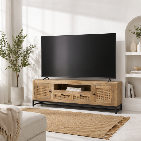 Hulton Rattan Doors & Drawers TV Unit – Solid Mango Wood, Natural Finish | Opelhome UAE