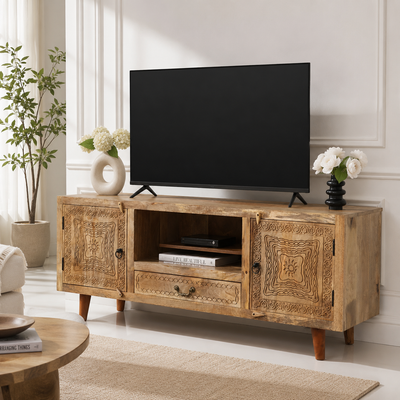 Hartin Wooden TV Unit – Solid Mango Wood, Natural Finish, Media Console