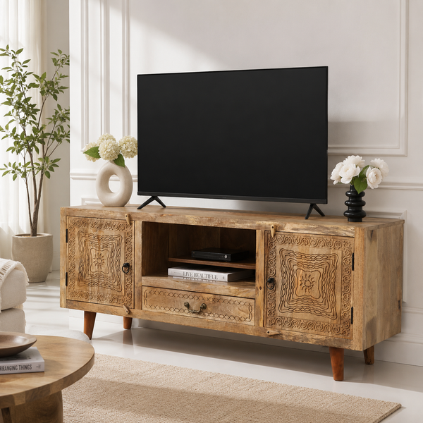 Hartin Wooden TV Unit – Solid Mango Wood, Natural Finish, Media Console | Opelhome UAE